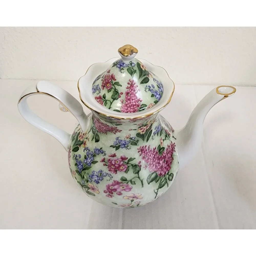 Victoria's Garden Floral Porcelain Teapot Gold Trim Pink Purple Flowers 6